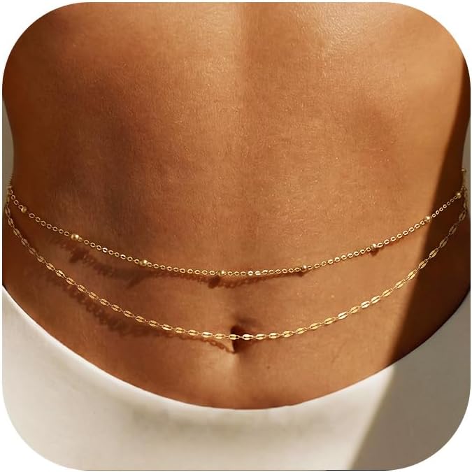 Body Jewelry Sale - 14K金メッキウエストチェーン、女性用レイヤードウエストビーズ、ベリーボディゴールドチェーンベルト、防水サマービーチジュエリー（ビキニ用）